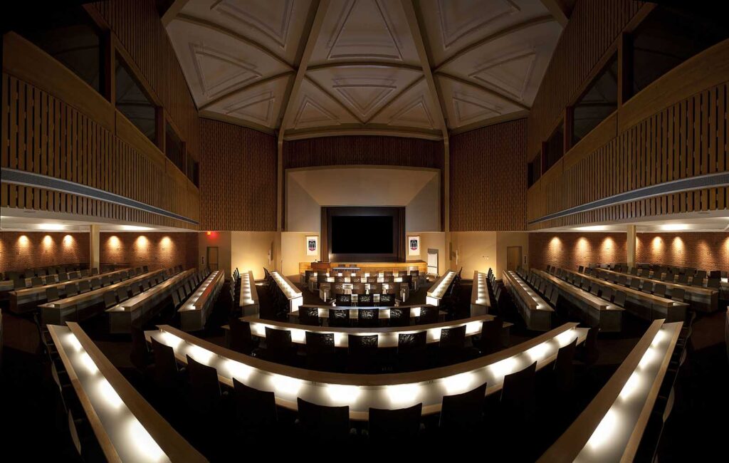 View of Masters Hall with ambient lighting.