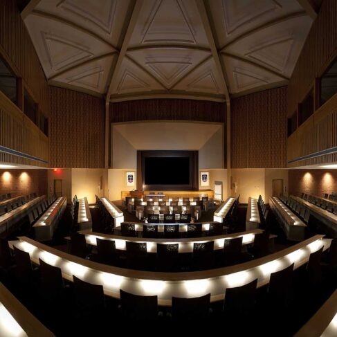 View of Masters Hall with ambient lighting.