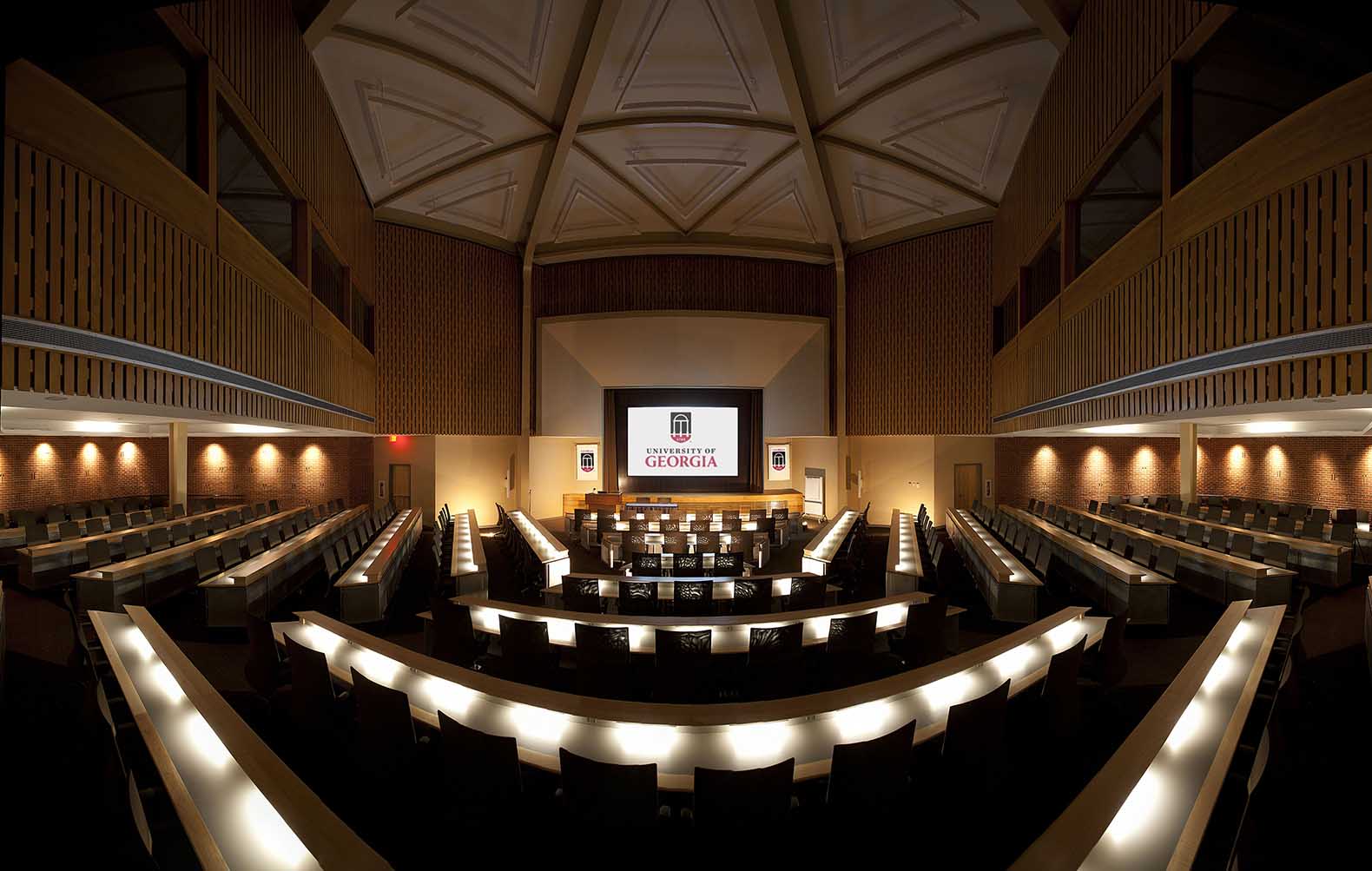 View of Masters Hall with ambient lighting.