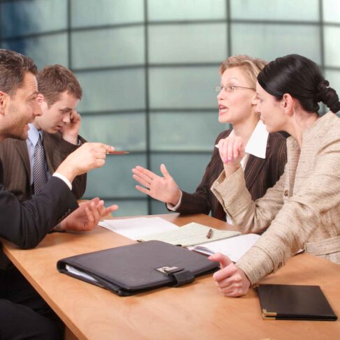 Legal negotiations between two men and two women