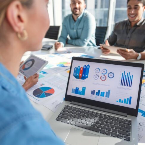 Group of people working with paperwork on a board room table at a business presentation or seminar. The documents have financial or marketing figures, graphs and charts on them. There is a laptop with graph and chart infographic data
