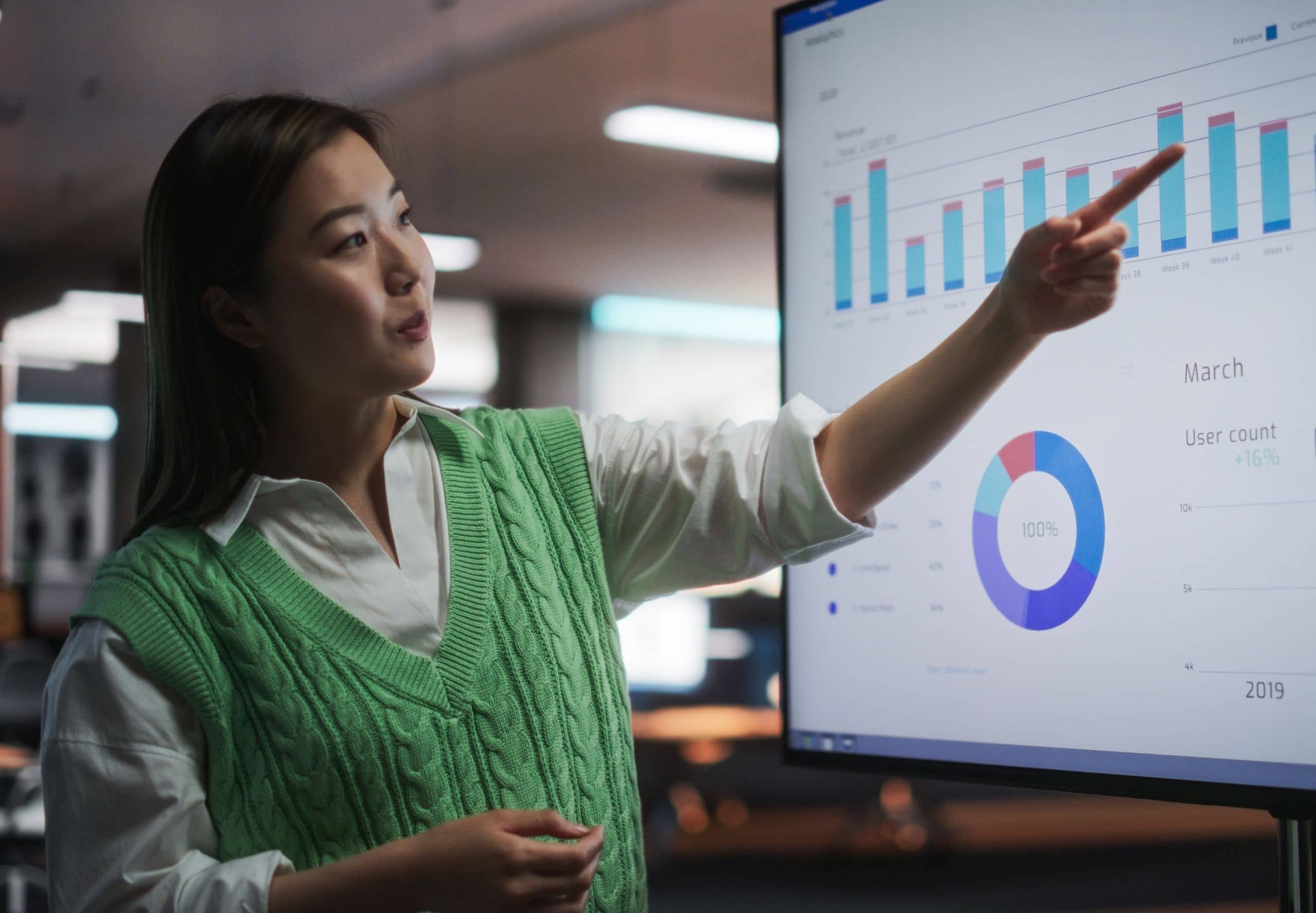 Portrait of A Female Presenting Financial Goals For Marketing Strategy, Uses TV Set with Data Analysis, eCommerce Infographics