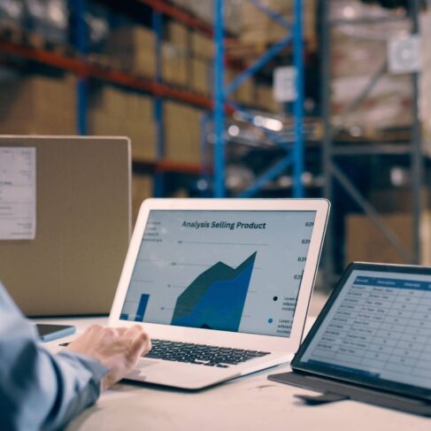 A woman in a warehouse looking at a laptop screen for data analytics, e commerce report and spreadsheet of logistics or sales.