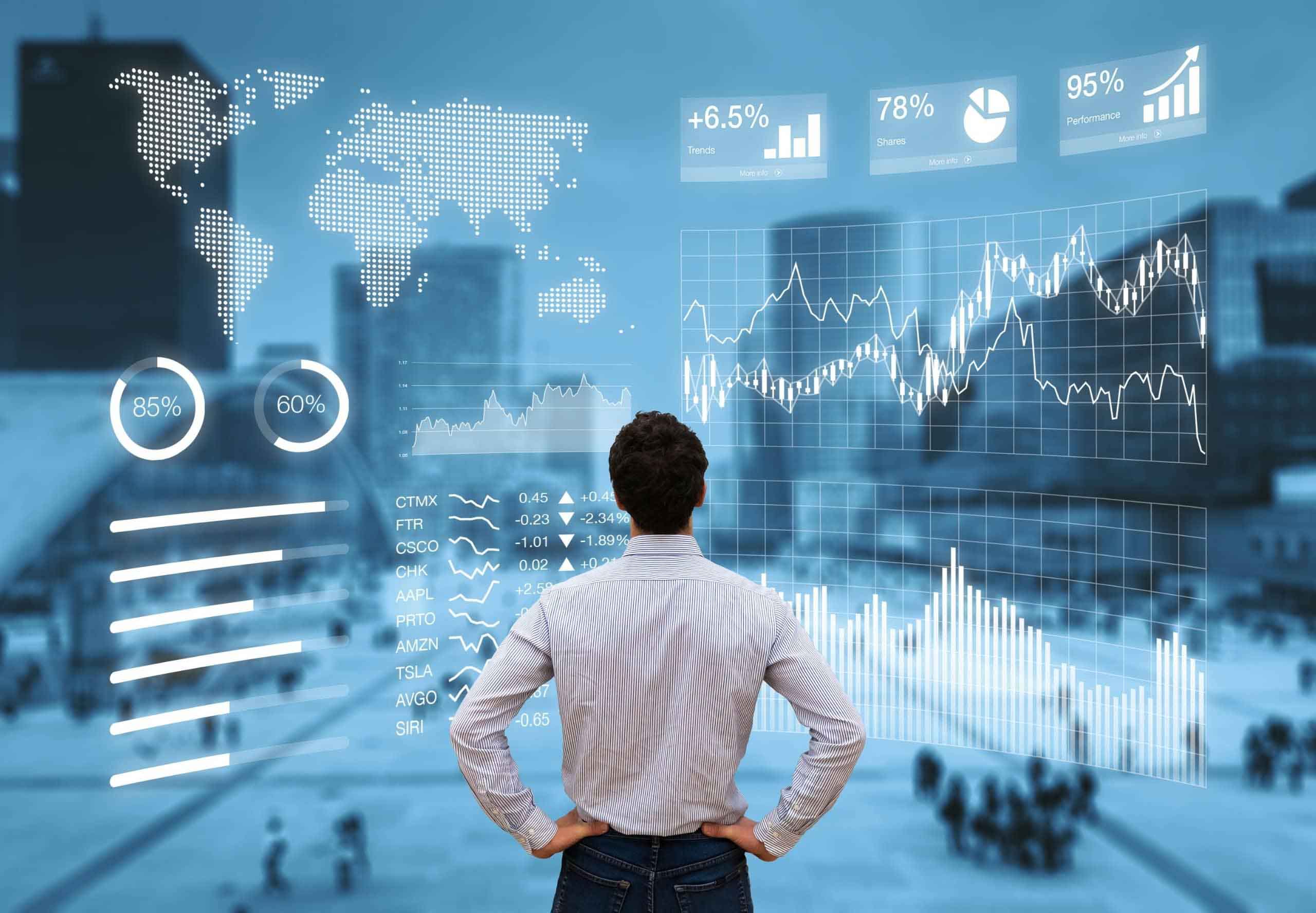 Person analyzing a financial dashboard with key performance indicators (KPI) and business intelligence (BI) charts with a business district cityscape in background