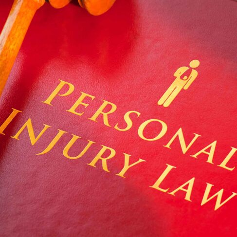 Red leather Personal Injury Law book with with gold embossed type and icon figure with arm in a sling, with a judges gavel.