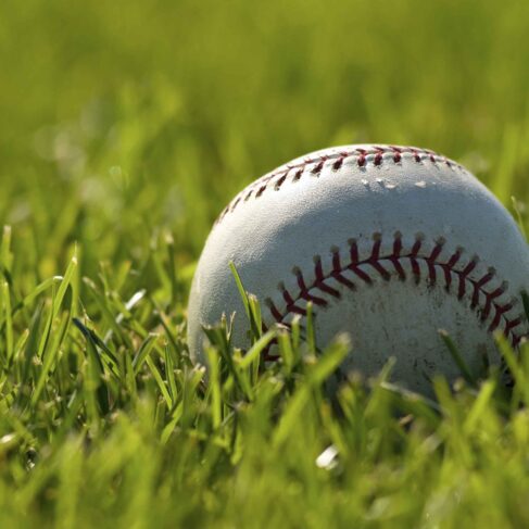 A white leather baseball on a grass field on a sunny day, with copy space