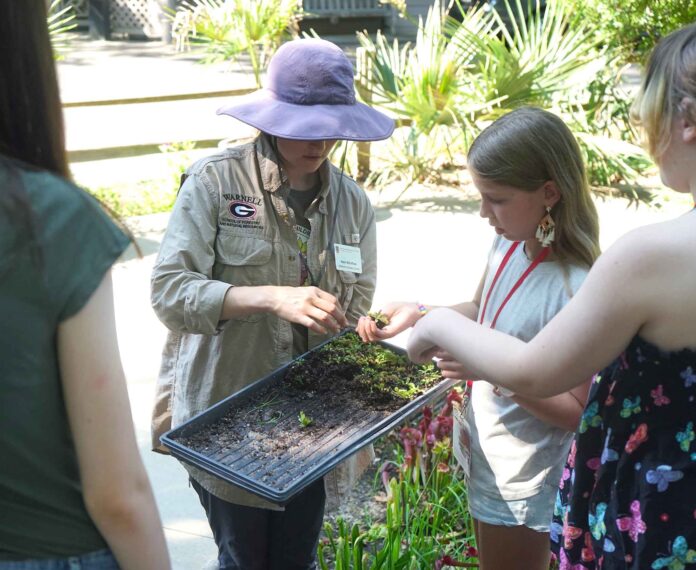 Young students planting seeds in pots with their instructor