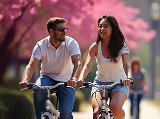 Couple bike riding in Athens, Georgia