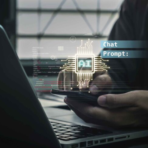Man touching finger on virtual screen with words AI. Artificial intelligence smart robot enters command to create something. AI technology changes the world.