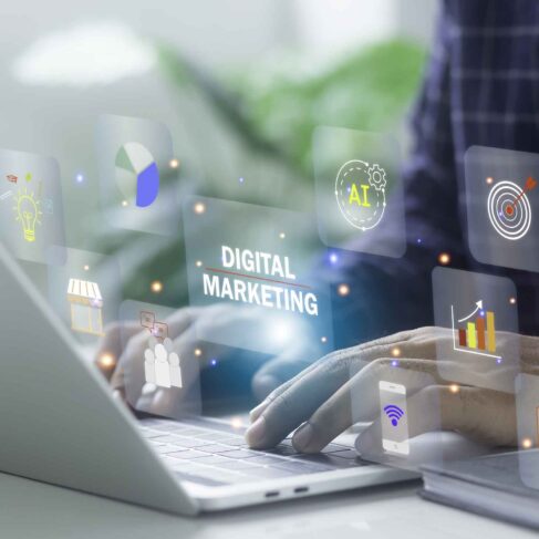 Online marketing digital channels relies on 'Internet' to communicate and analyze solutions and content developed in global network connection.