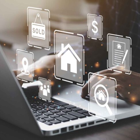 Businessman using a computer for property sales; listings, Real Estate Agent agency; contractor, residential property, investment, housing project, property development real estate, choose a house buy online.