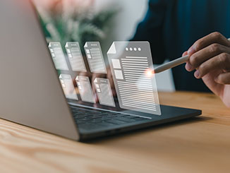 A businessman reviews the steps using a virtual online document and paperwork. Company articles of association Terms and Conditions, Concepts of practices and policies