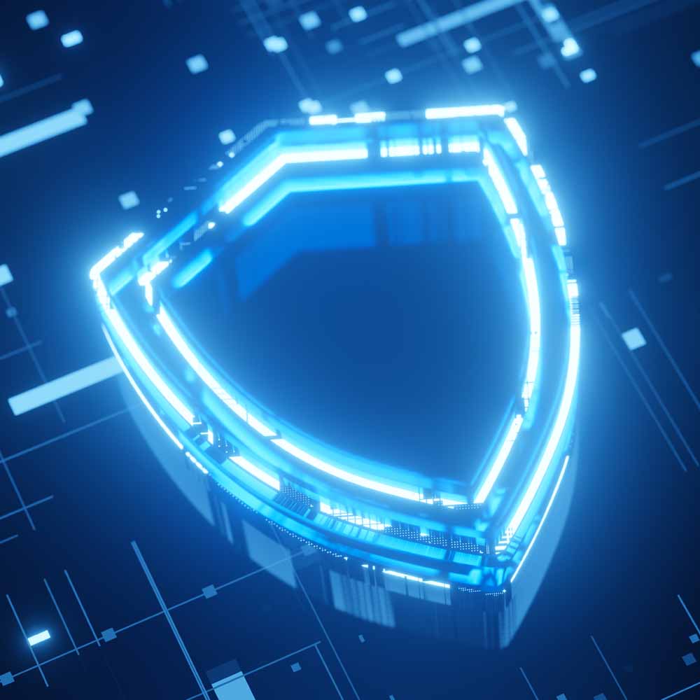 Protection and Security concept. Digital shield 3d glowing icon on abstract technology background.