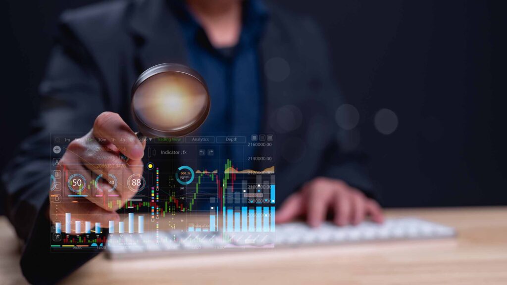Professional examines financial graphs on digital interface, symbolizing data analysis and market research, highlighting importance of informed decision-making in trading