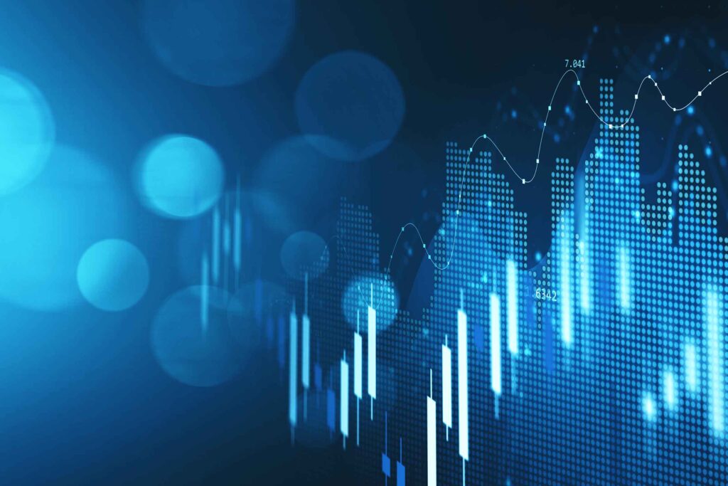 Blurry blue digital charts over dark blue background. Futuristic financial interface.