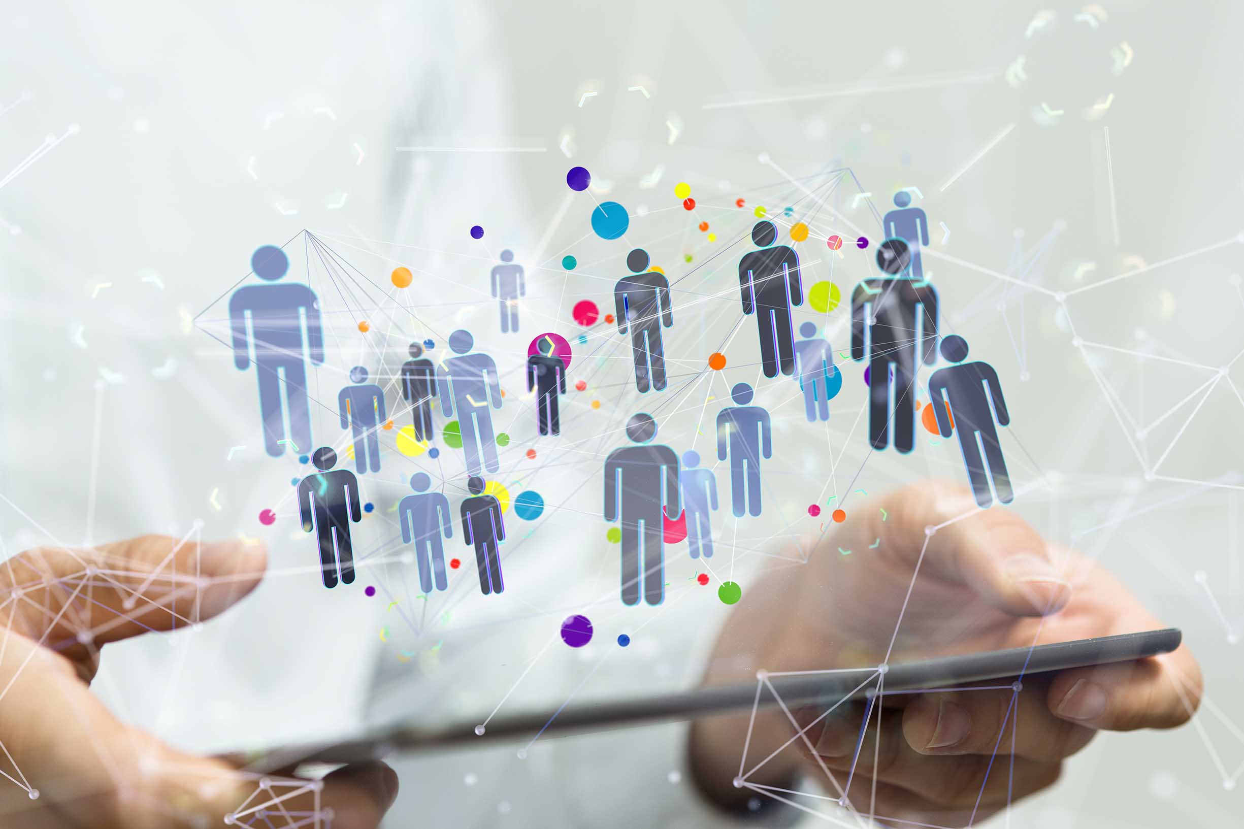 A person holding a mobile device with a design of lines and people images floating above