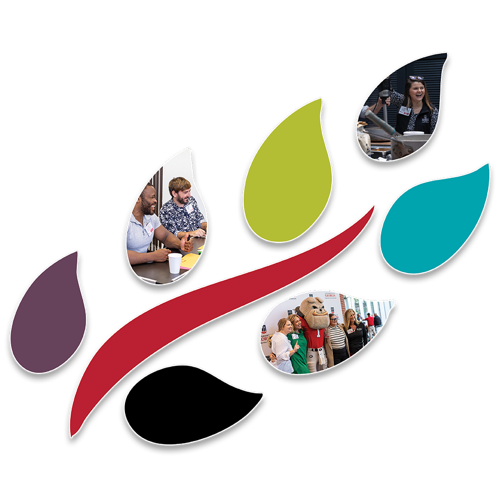 PSO Branch with 7 leaves with different colors and 3 leaves have photos insets with people at PSO events