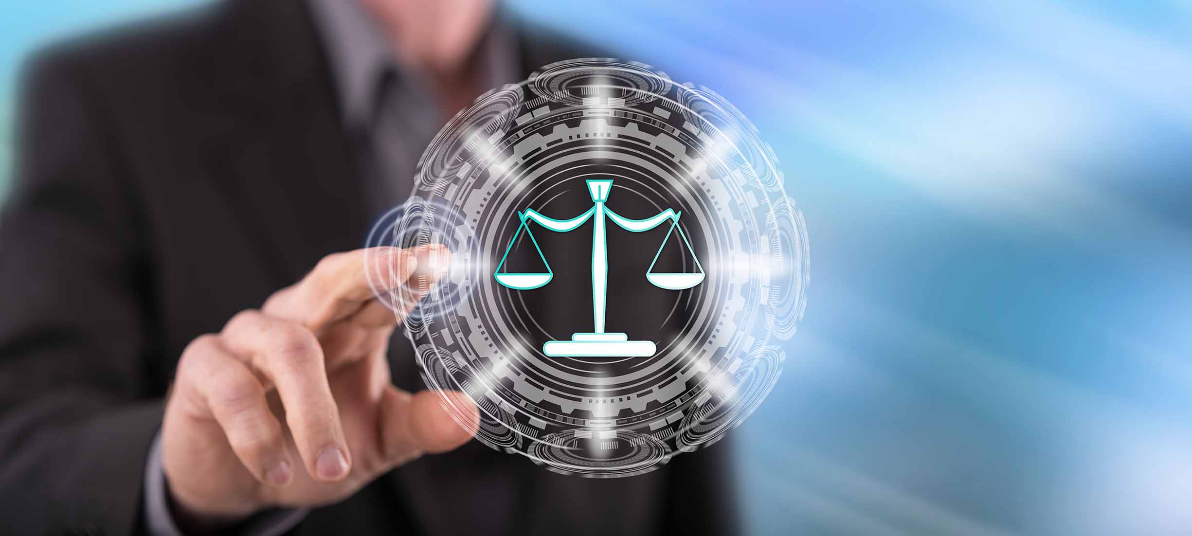 Man touching a justice concept on a touch screen with his finger