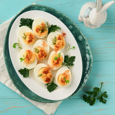 plate of deviled eggs on a blue background