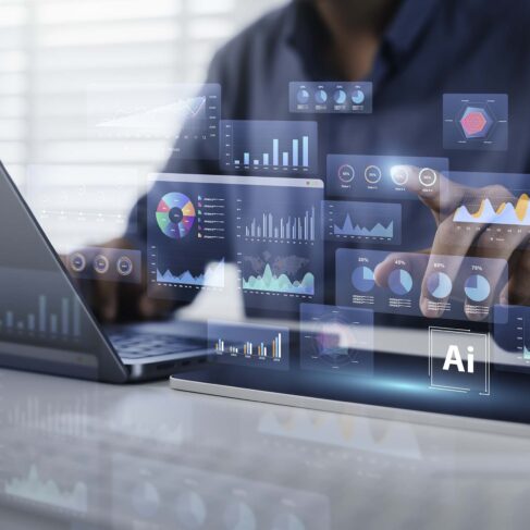 An analyst uses a computer and dashboard for data business analysis and Data Management System